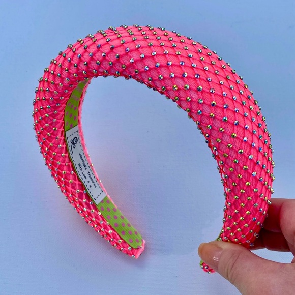 Hot Pink Padded 1.5” Headband with Rhinestone-Adorned Mesh Overlay Handmade New - Picture 4 of 10